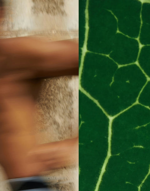 Man running, leaf effect green banner