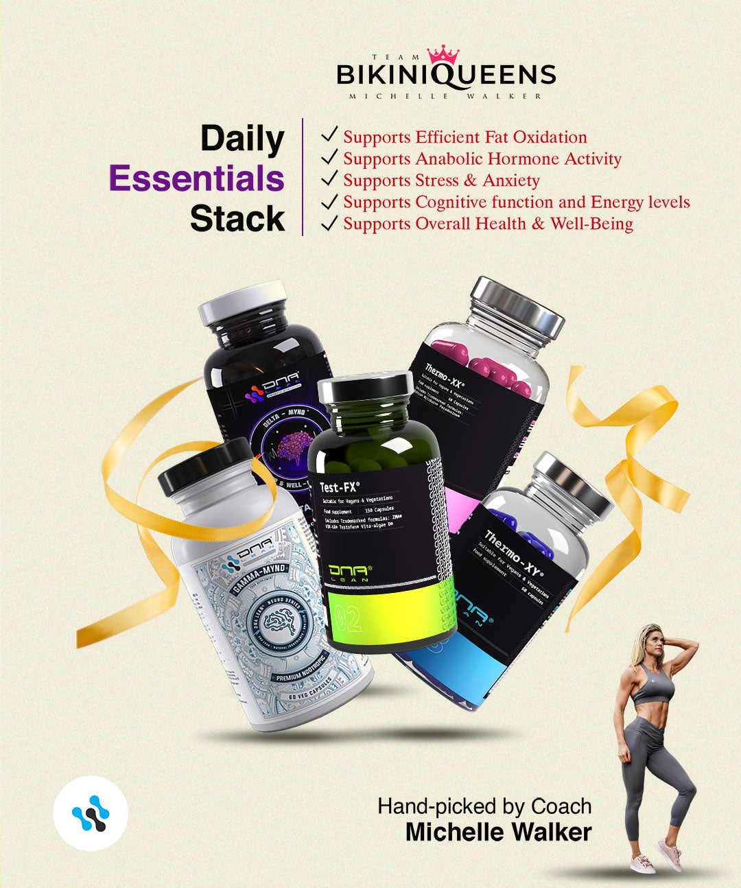 Michelle Walkers Team Bikini Queens Daily Essentials: Thermo-XY, Thermo-XX, Test-FX, Gamma-Mynd, and Delta-Mynd