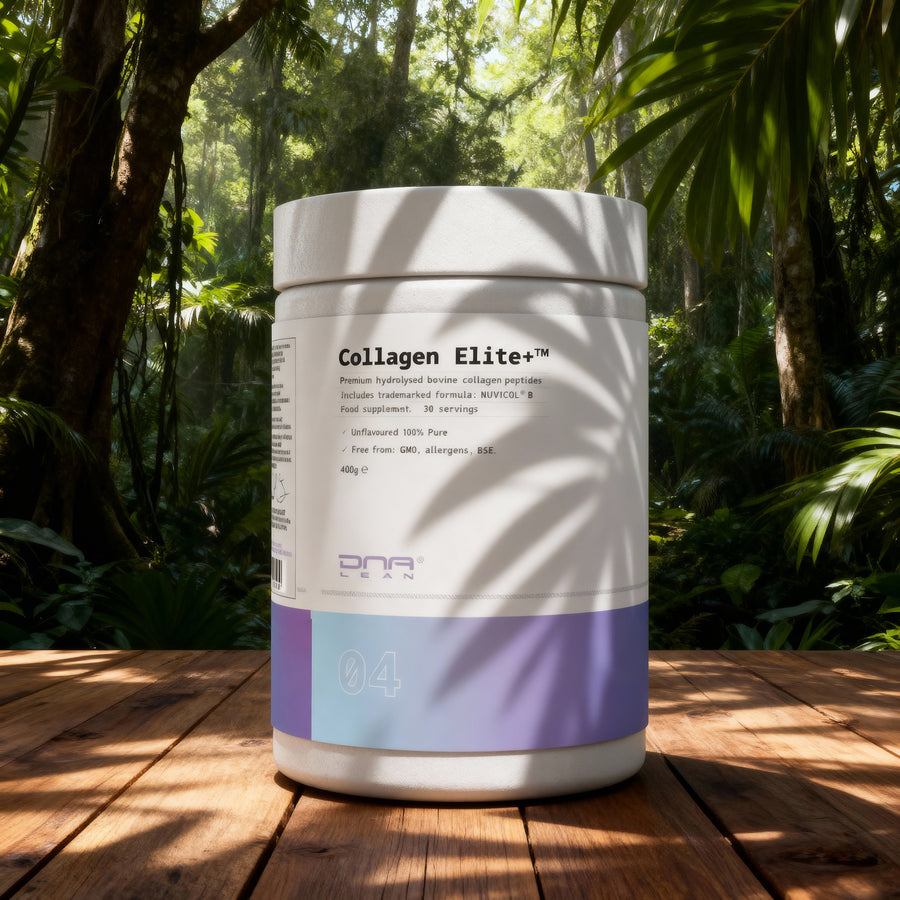 Collagen Elite+ container on a wooden surface with a forest background