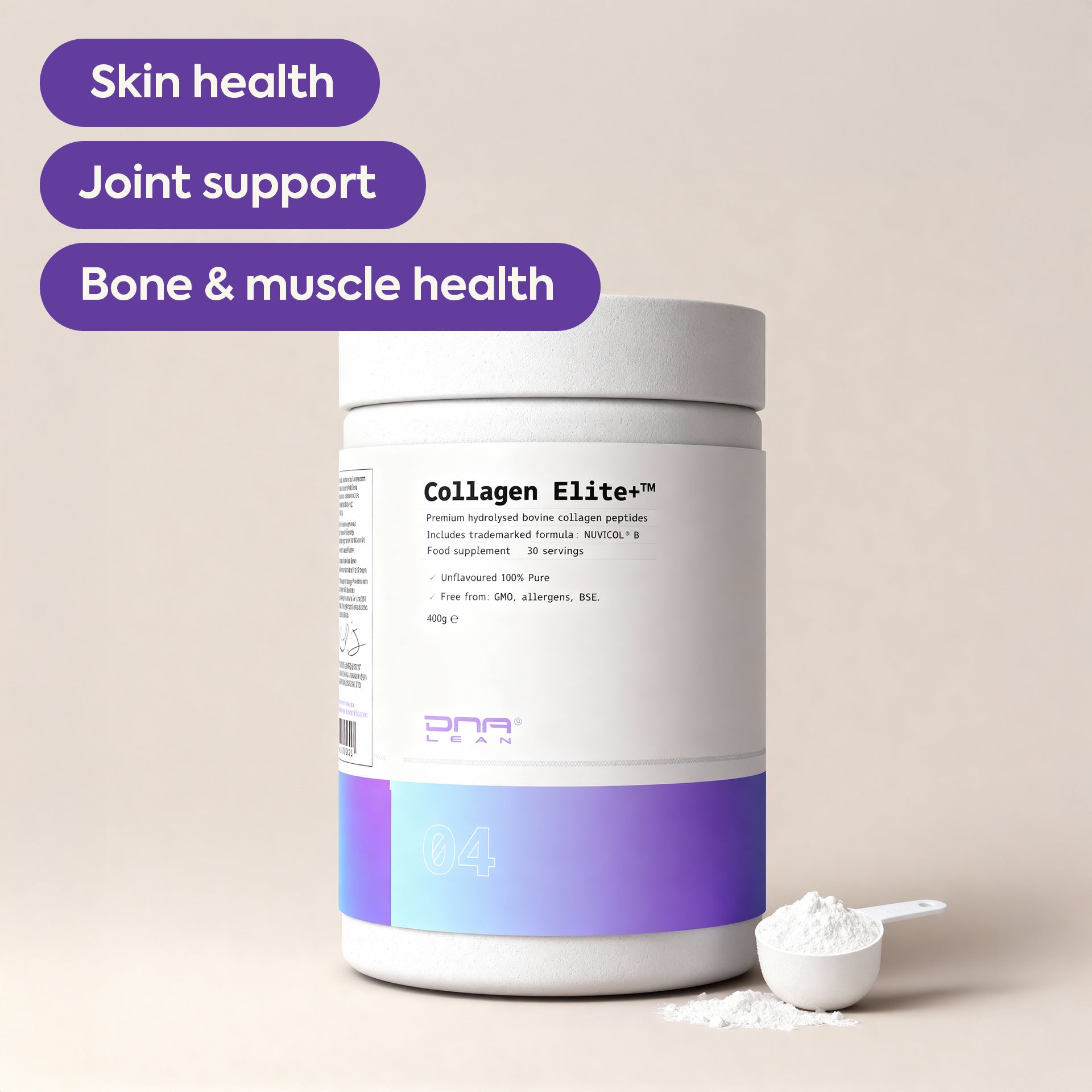 Collagen Elite+ supplement container with a scoop of powder on a beige background