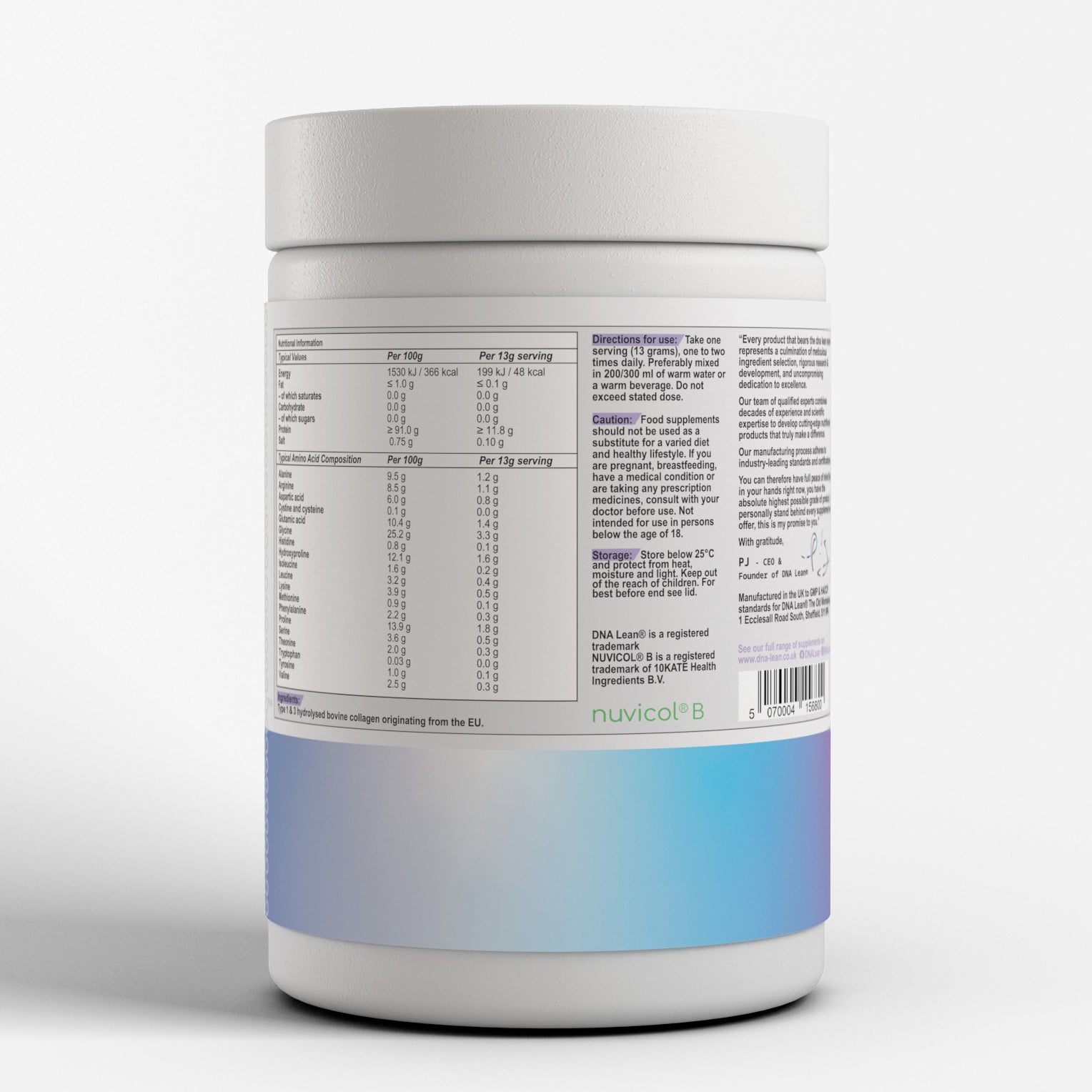 DNA Lean Collagen Elite+ Hydrolysed Peptides Nutritional Information